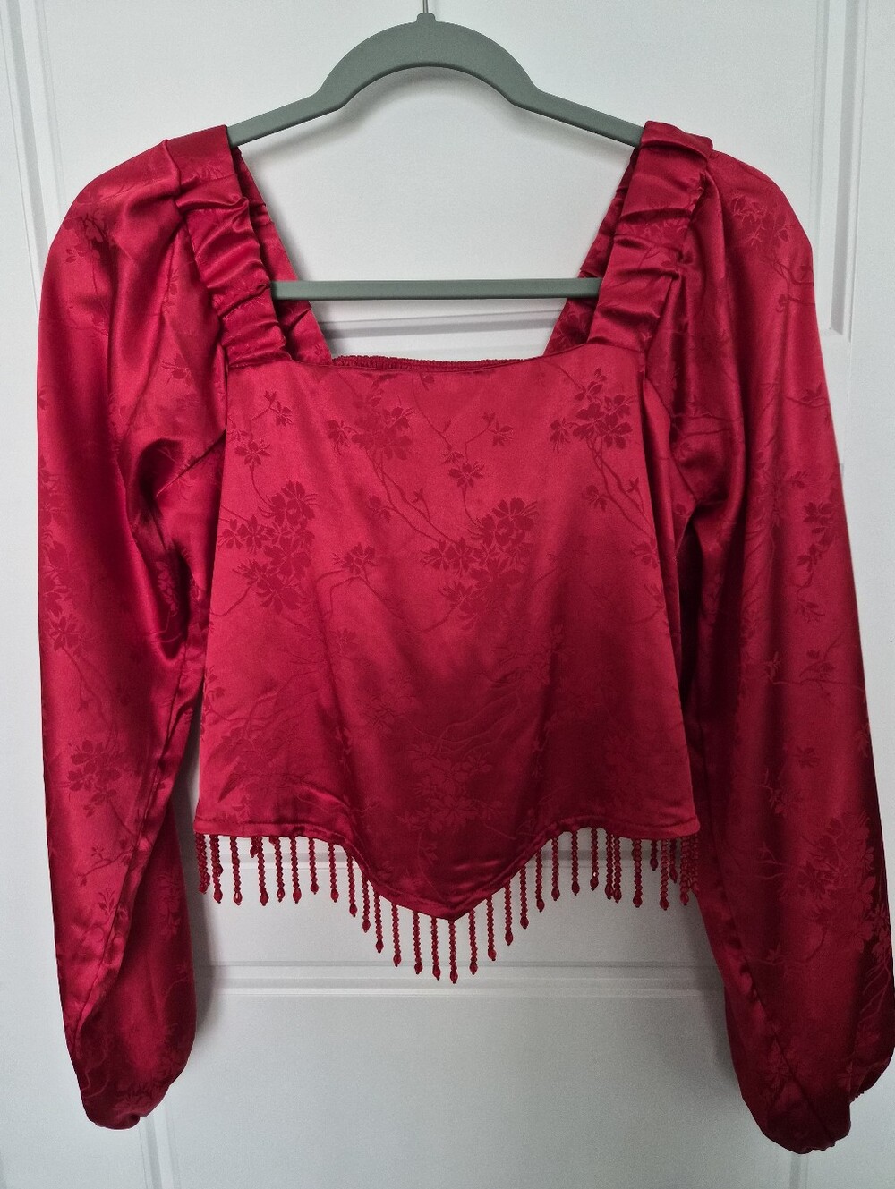 Willow & Root Women's Red Beaded Satin Jacquard Hanky Cropped Top Size XS